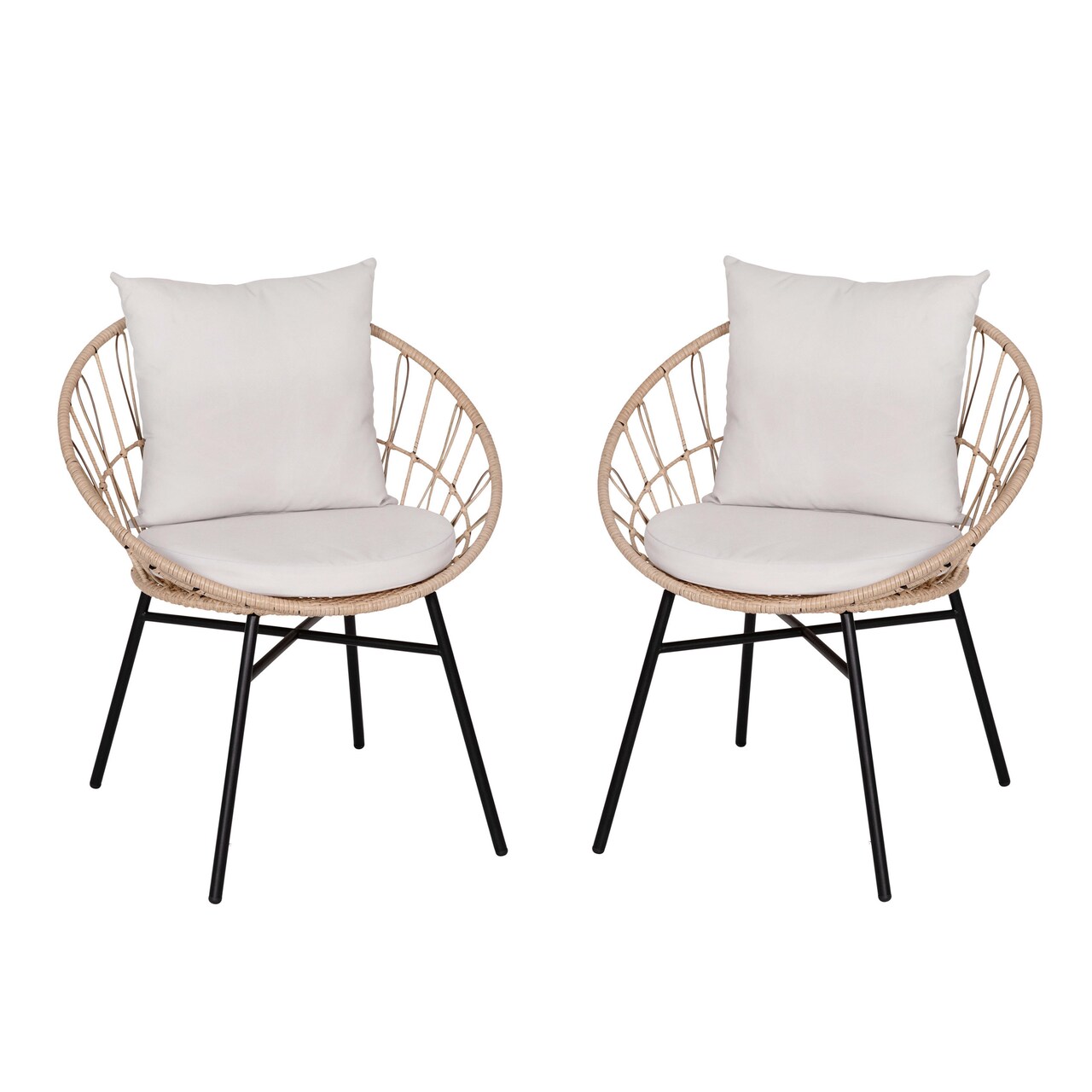 Merrick Lane Alma Set Of 2 Faux Rattan Rope Patio Chairs, Papasan Style Indoor/Outdoor Chairs with Seat & Back Cushions